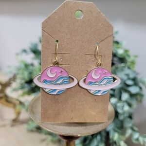 New 18k Gold Plated Pink Cosmic Moon Planet Saturn Ring Space Enamel Earrings